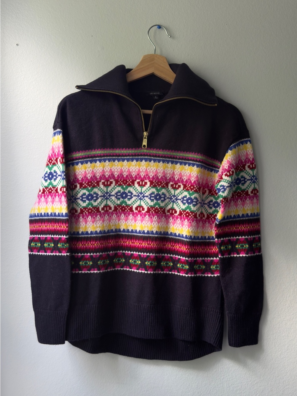 Talbots Black Zip-Neck Fair Isle Sweater with Multicolor Pattern